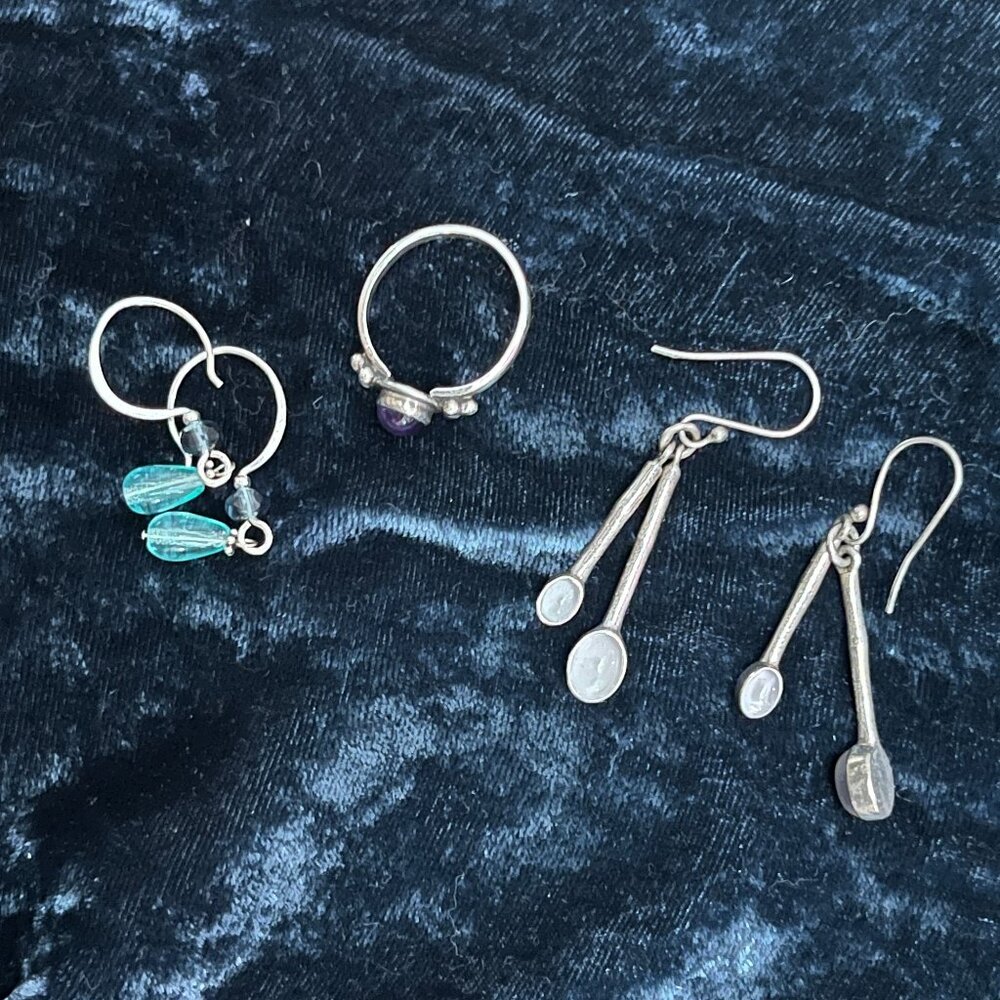 Silver Moonstone Earrings, Blue Crystal Drops, Silver Garnet Ring - Grab Bag!